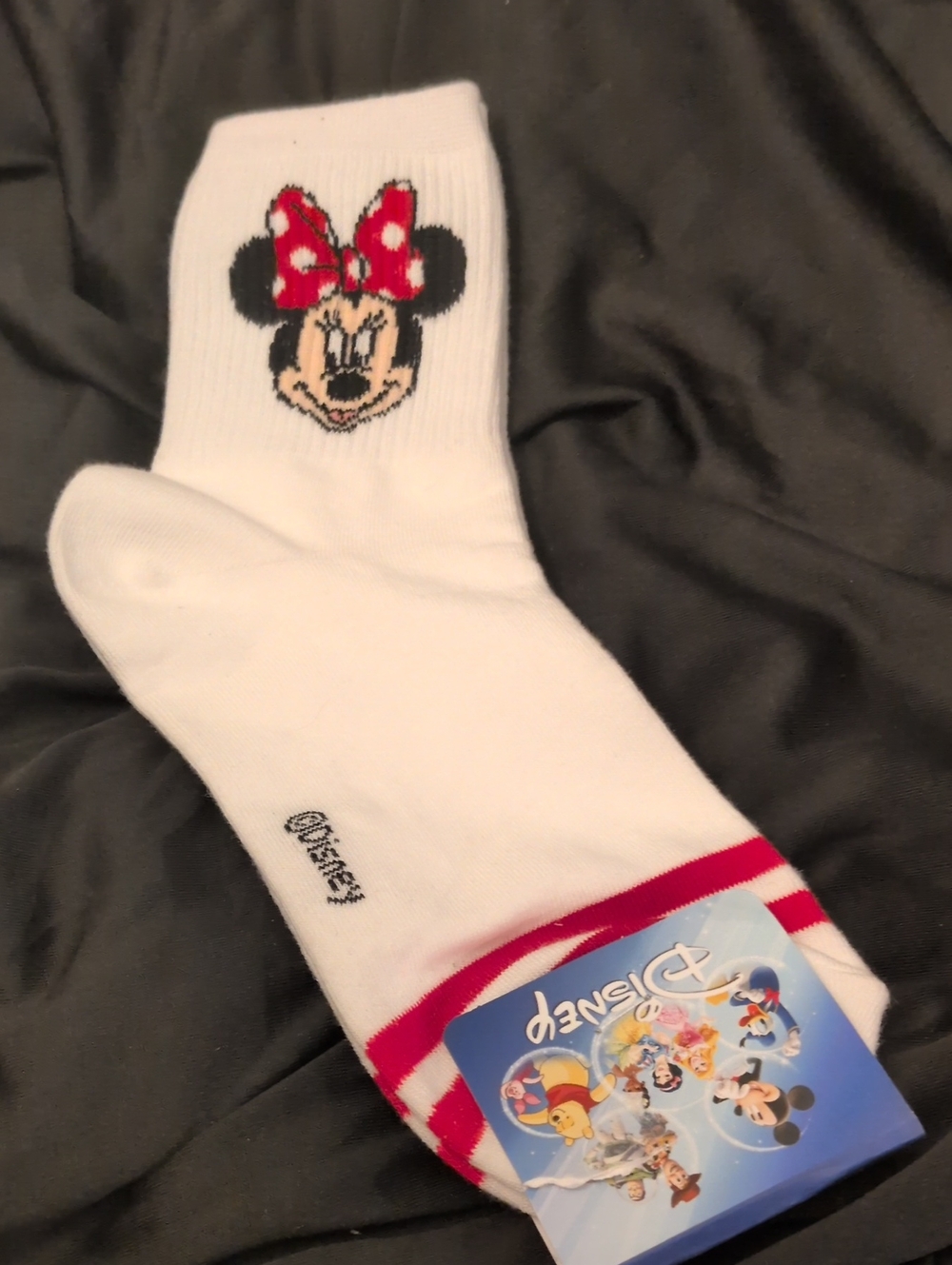 Disney Minnie Mouse White Socks with Red Bow and Red Stripe Accents